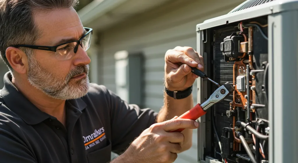 A Technician wearing blue shirt and working googles repairing an outdoor AC using tools