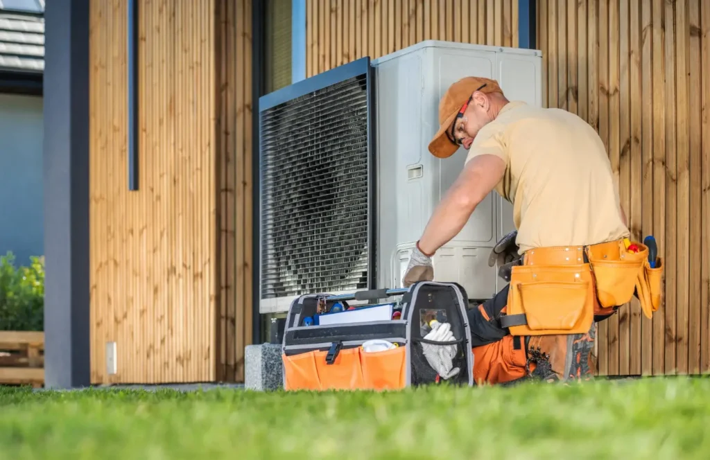 Heat Pump Installation in Silverdale, WA 1 A technician wearing safety glasses, a cap, and a tool belt is working on a white heat pump unit located outside a modern house with vertical wooden siding. An open toolbox is on the grass in front of him.