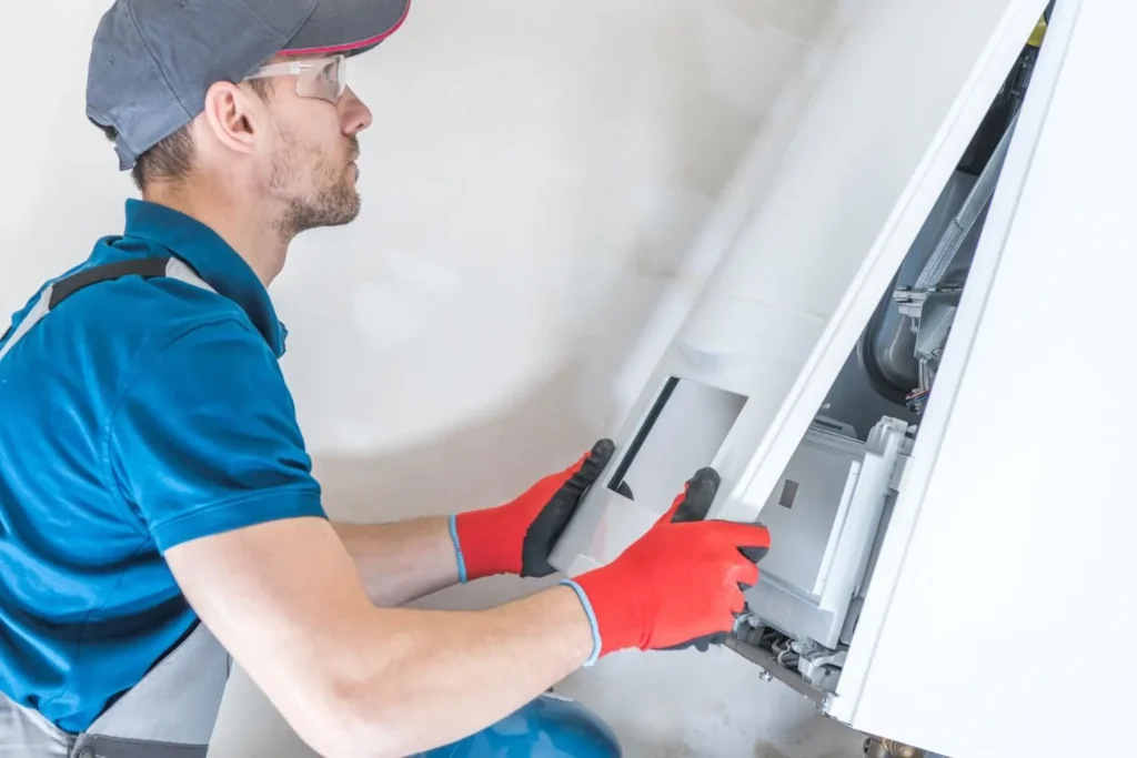 Heating Repair in Belfair, WA 1 Heater repair in progress by a HVAC technician wearing blue shirt and cap