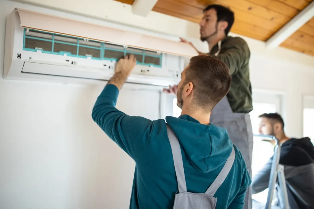 AC Repair in Silverdale, WA 1 Three workers installing wall-mounted air conditioner in room with wooden ceiling